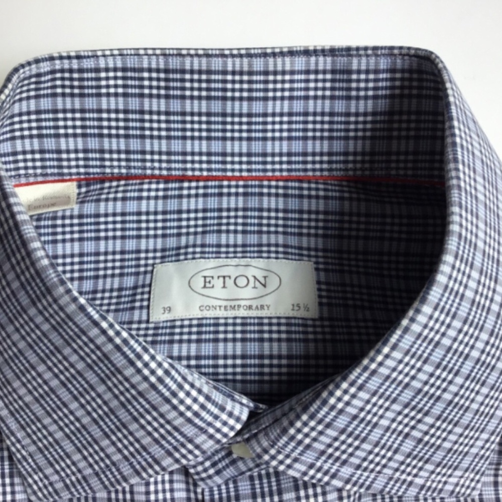 ETON  contemporary grey & blue checkered cotton shirt Sz 15.5 /39 made in Europe